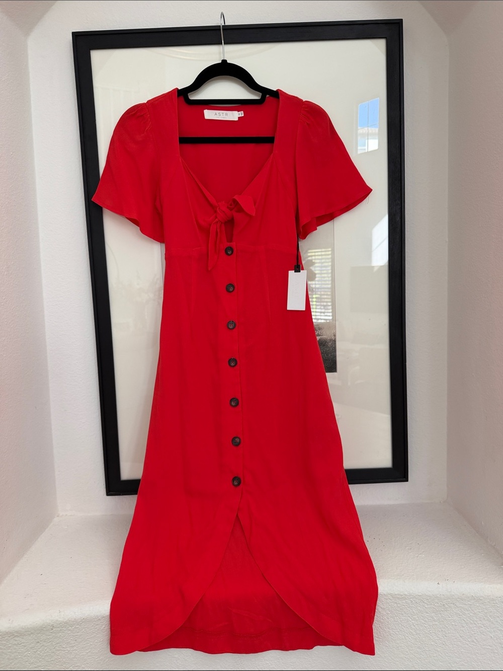 Astr Red Button-Front Tie-Neck Midi Dress